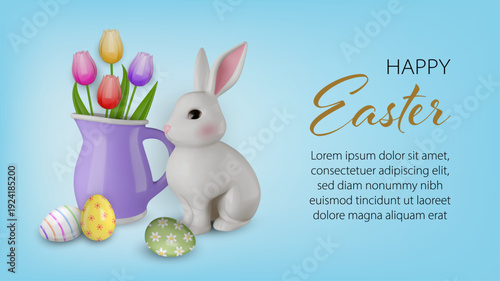easter banner with 3d jug with colorful tulips, white porcelain rabbit and eggs with watercolor decorations