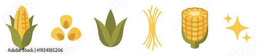 Stylized flat design corn elements illustrate various stages of the plant, including cobs, kernels, husks, and silk, presented with a clean, modern aesthetic
