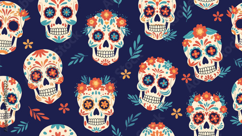 Seamless pattern of colorful sugar skulls decorated with flowers and leaves for Mexican Day of the Dead traditions.