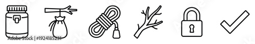 Six diverse line art icons representing essential items for adventure, security, and utility are clearly depicted in a minimalist outline style, conveying simplicity and functionality