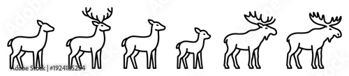 Six distinct black outline deer and moose icons are presented in a minimalist, clean, and modern graphic style, showcasing various ages and genders of these majestic forest animals