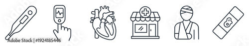 Six distinct medical health care outline icons are neatly arranged, depicting various aspects of healthcare, diagnosis, and treatment in a clean, modern vector style