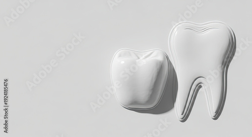 Two stylized white teeth representing dental health on a minimalistic gray background with copy space for a Dental Day poster.