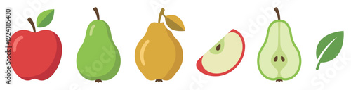 Stylized red apples and green pears are depicted alongside a yellow pear, an apple slice, a pear half, and a single green leaf, presented as vibrant, simple fruit illustrations