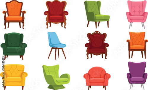 Modern lounge chair silhouettes, contemporary furniture icons, ergonomic seating designs, pod recliner chaise graphics, minimalistic interior decor illustration collection