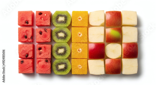 Various fruits cut into perfect identical cubes arranged in grid