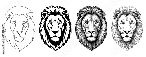 Four distinct black and white lion head illustrations showcase diverse artistic styles, including minimalist line art, bold graphic, detailed engraving, and intricate stippling
