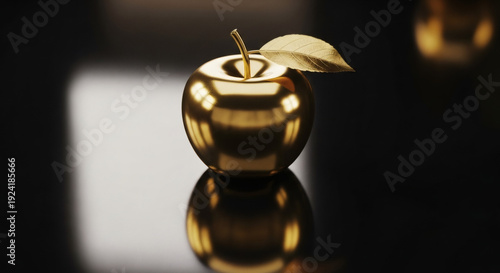 Gold metallic apple with gold leaf on black reflective surface