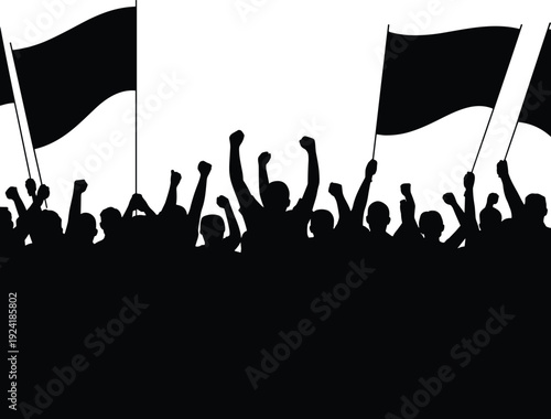 Protest crowd silhouette with raised fists and waving flags, public demonstration and political activism concept, mass movement and freedom expression illustration isolated on white