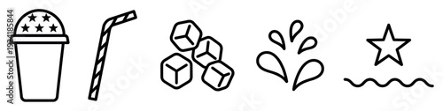 Outline icons representing summer drinks and refreshment elements, featuring a star-topped cup, striped straw, ice cubes, water splashes, and a star with waves, rendered in a clean, minimalist style
