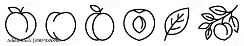 Black outline peach fruit icons set depicting whole, halved, and branched peaches with leaves, presented in a clean, minimalist line art style