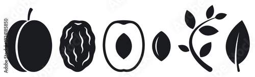 Various black silhouette plum and prune icons are presented in a clean, graphic style, illustrating the whole fruit, dried prune, a half-cut plum, its pit, and botanical leaves
