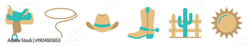 Six flat design Western-themed icons illustrate cowboy culture with a saddle, lasso, hat, boot, cactus, and sun in a minimalist brown and teal color palette