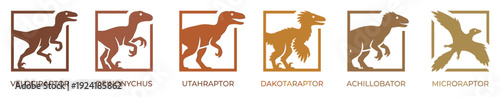 Six distinct raptor dinosaur silhouettes are presented in a modern flat vector style, each with unique features and earthy brown tones, framed by partial squares