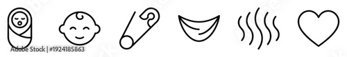 Six black outline baby care icons featuring a swaddled infant, smiling baby face, safety pin, diaper, warmth symbol, and a loving heart, rendered in a clean, simple, and modern graphic style