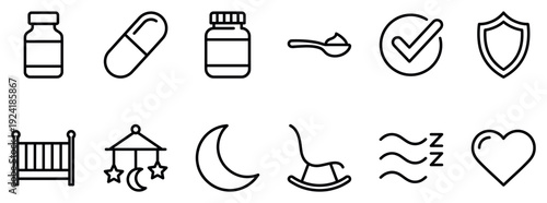 Twelve distinct black outline icons illustrate concepts of health, medicine, safety, and baby care, presented with a clean, modern, and minimalist design style