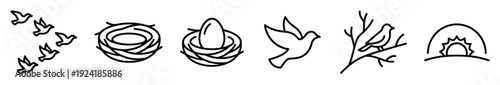 Various simple black line art bird icons depict a flock flying, nests, an egg, a perched bird, and a sunrise, illustrating themes of nature and life