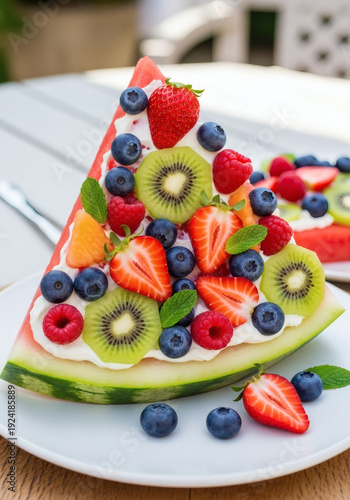 Watermelon slice decorated like pizza with fruits and cream