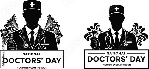 National doctors day silhouette banner with professional physician holding medical equipment and stethoscope for appreciation event poster on transparent grid background black and white style