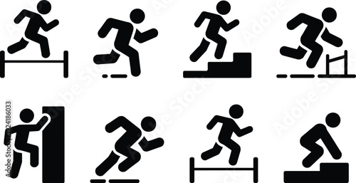 A series of black silhouettes depicting a person navigating various obstacles.