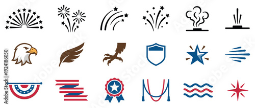 Collection of patriotic and celebratory vector icons featuring eagles, stars, fireworks, shields, and ribbons in a flat graphic style