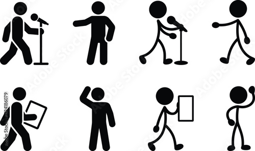 A series of stick figures showcasing various actions and movements with microphones and papers.