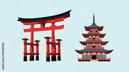 Traditional Japanese landmarks featuring a red torii gate and a five-story pagoda for travel and tourism themes.