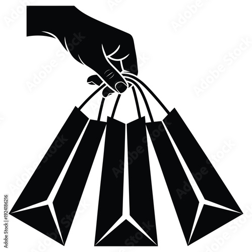 Detailed hand silhouette carrying group of shopping bags illustrates commercial activity purchasing habits and retail promotion