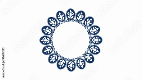 Circular frame composed of intricate blue floral patterns on a clean white background offers a sophisticated design for labels or logos.