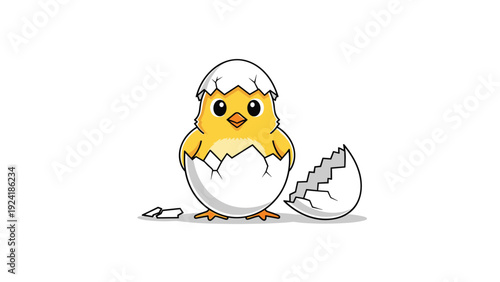 Cute yellow baby chick hatches from a cracked white eggshell in this simple and charming flat vector illustration for children.