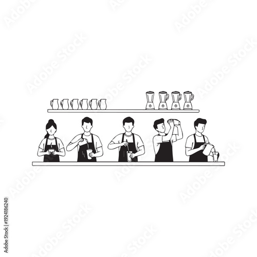Group of Baristas Preparing Drinks at Cafe Counter Vector Line Art
