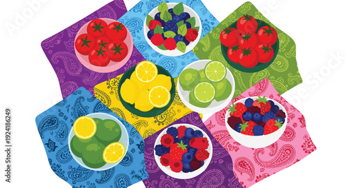 A top down view of eight bowls containing tomatoes lemons limes and berries placed on colorful paisley patterned napkins over a white background.