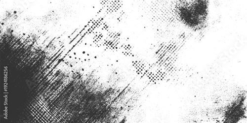 Black ink splatter and halftone dot patterns on white textured background spray