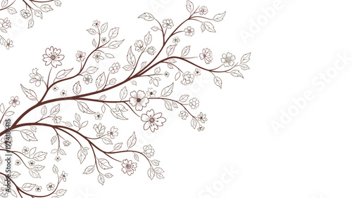 Beautiful hand drawn botanical illustration features a delicate flowering tree branch with small blossoms in a vintage sketch style.