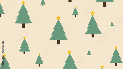 Minimalist holiday pattern features stylized green Christmas trees with bright yellow stars on a neutral cream colored background.