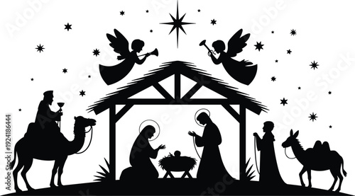 Nativity scene silhouette with Holy Family, baby Jesus, angels, shepherds, wise men and star of Bethlehem, traditional Christian Christmas story illustration isolated on white