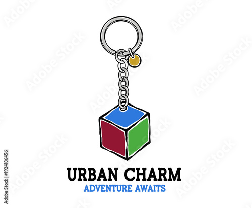 Urban charm adventure awaits design. Keychain graphic print for merchandise. Colorful cube artwork for stickers. Hand drawn style illustration. Travel