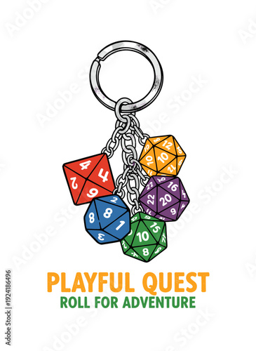 RPG dice graphic print design. Gaming accessory artwork. Tabletop adventure game. Polyhedral dice keychain. Roll for adventure.