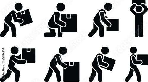 A series of stick figures illustrating various stages of lifting and moving boxes.