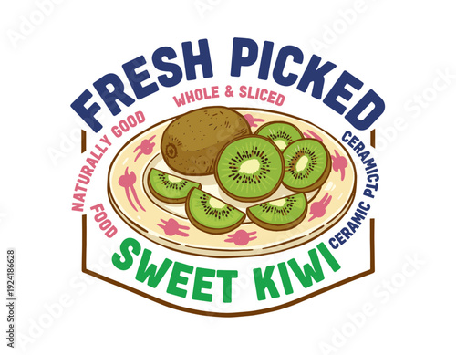 Kiwi fruit artwork. Fresh picked whole and sliced. Sweet naturally good food. Artwork for t-shirt print, poster, sticker. Healthy natural organic frui