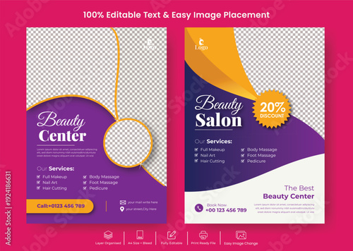 Creative spa wellness beauty salon A4 flyer poster template for skin care nail salon advertising, luxury yoga meditation leaflet brochure cover print ready design promotion