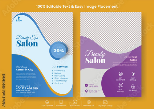 Minimal beauty salon and spa A4 flyer poster template for skin care nail salon promotion, wellness yoga meditation leaflet brochure cover advertising design print ready