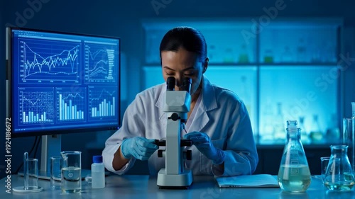 Scientist in lab analyzing data on computer screen with microscope