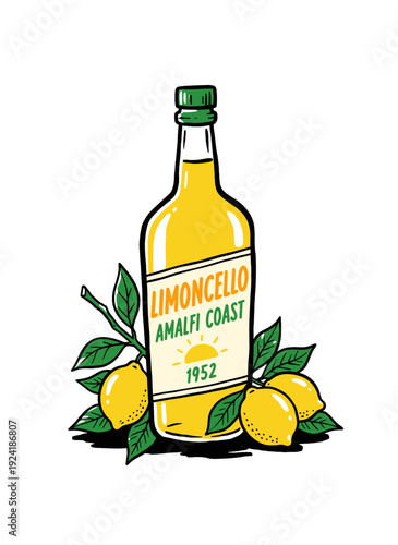 Limoncello Italian liqueur artwork.. Amalfi Coast vintage graphic print.. Summer citrus bottle design.. Mediterranean holiday illustration.. Perfect f