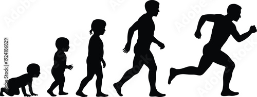 Human growth and development silhouette showing evolution from crawling baby to running adult, life stages and physical progress concept, black vector illustration isolated on white