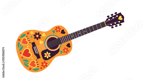 Traditional Mexican acoustic guitar features colorful hand painted folk art decorations including hearts and flowers on an orange body.