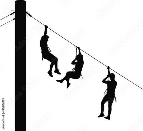Zipline adventure silhouette showing people sliding on cable, outdoor extreme sport and recreation activity concept, adventure park and travel icon, black vector illustration isolated on white