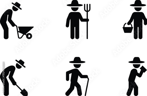 A series of black silhouettes depicting farmers working in a garden or farm with various tools.