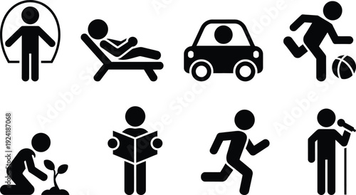 Various black silhouettes depicting human activities and objects on a white background.