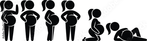 Pregnant women in various stages and positions, illustrating childbirth process